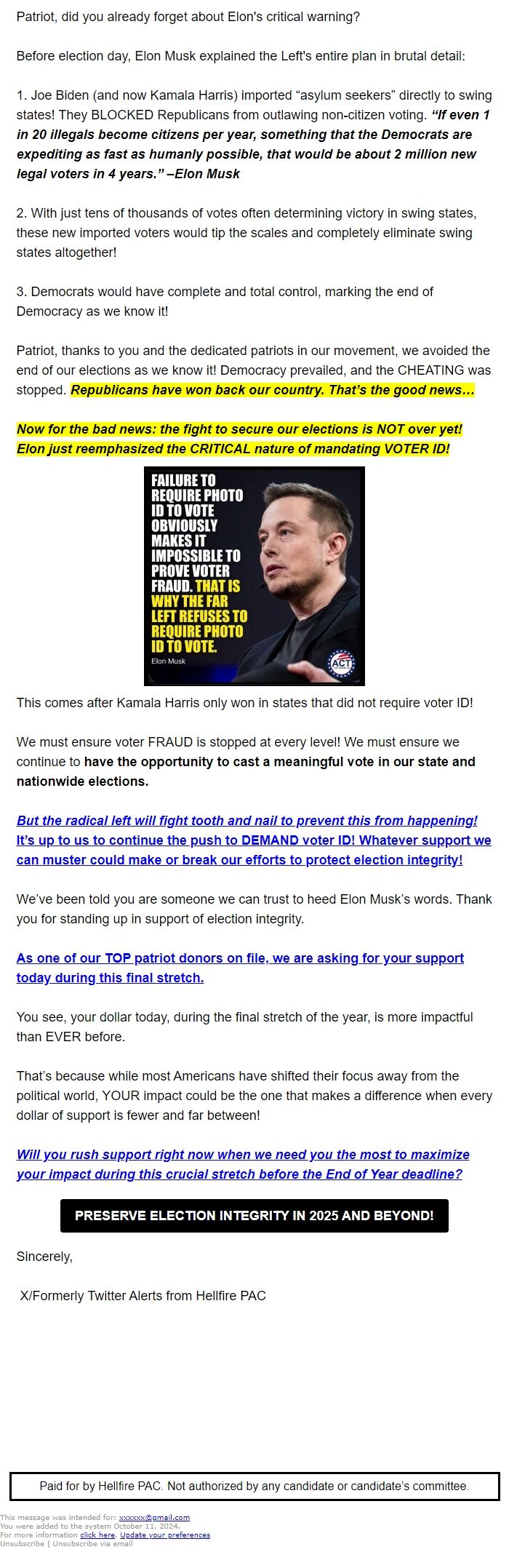 Screenshot of the email generated on import