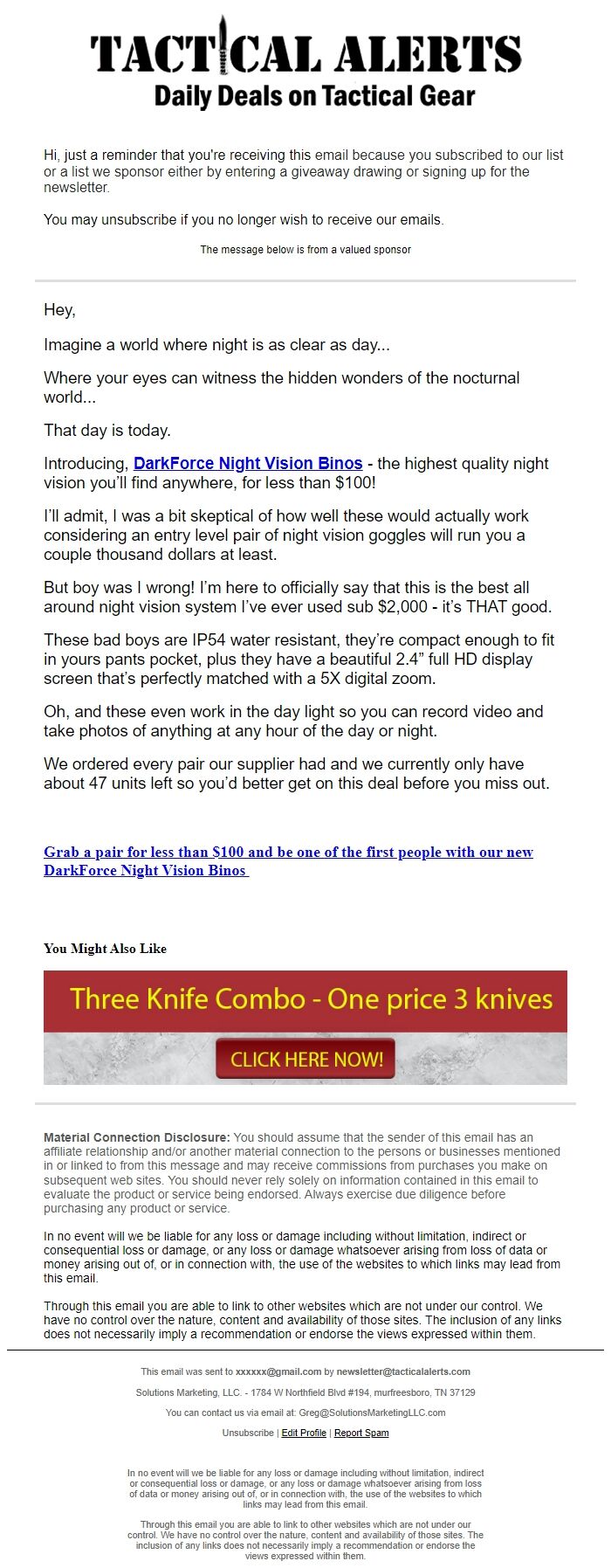 Screenshot of the email generated on import