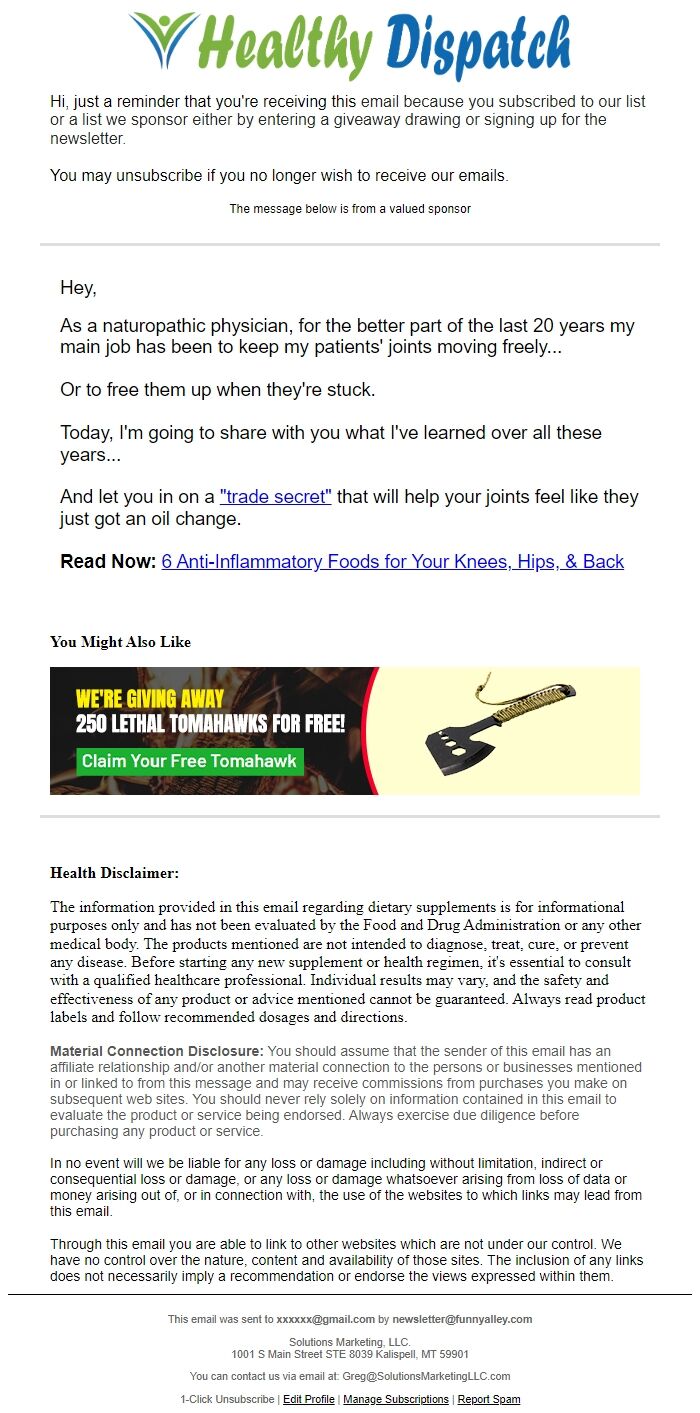 Screenshot of the email generated on import
