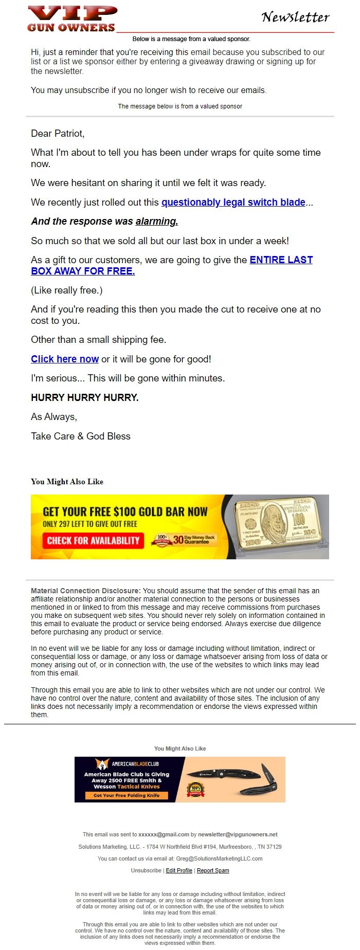 Screenshot of the email generated on import