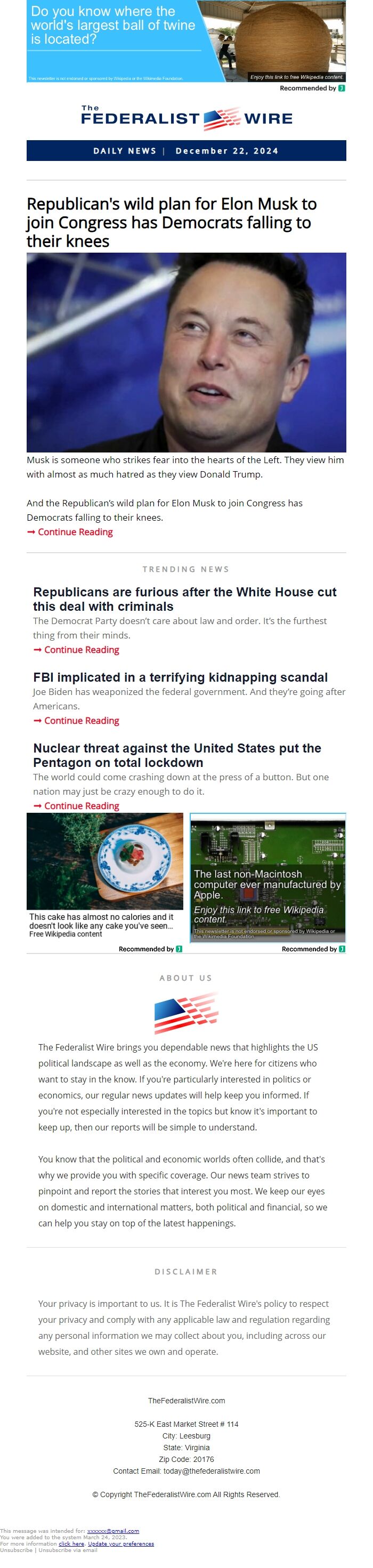 Screenshot of the email generated on import