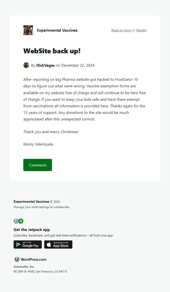 Screenshot of the email generated on import