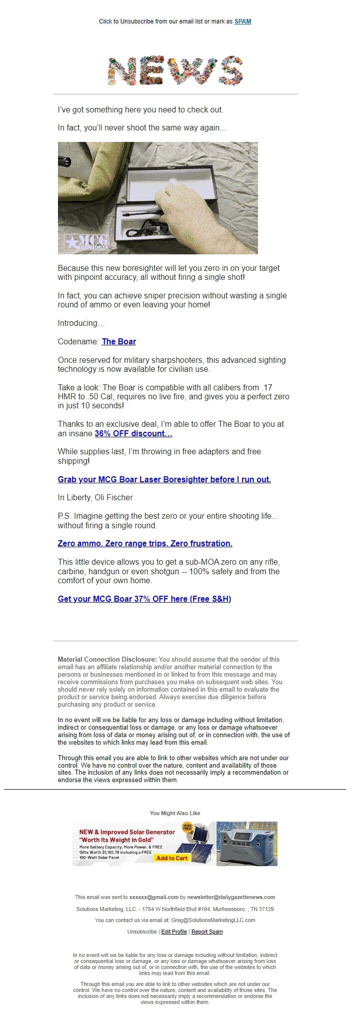 Screenshot of the email generated on import