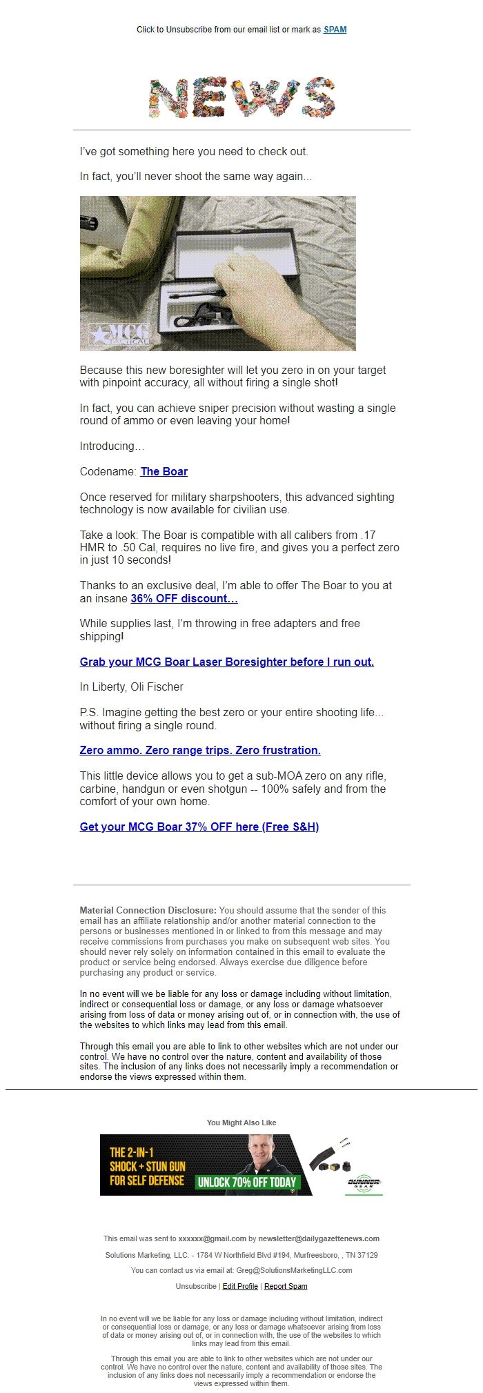 Screenshot of the email generated on import