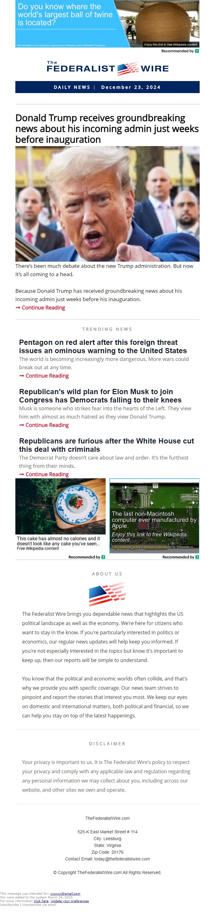 Screenshot of the email generated on import