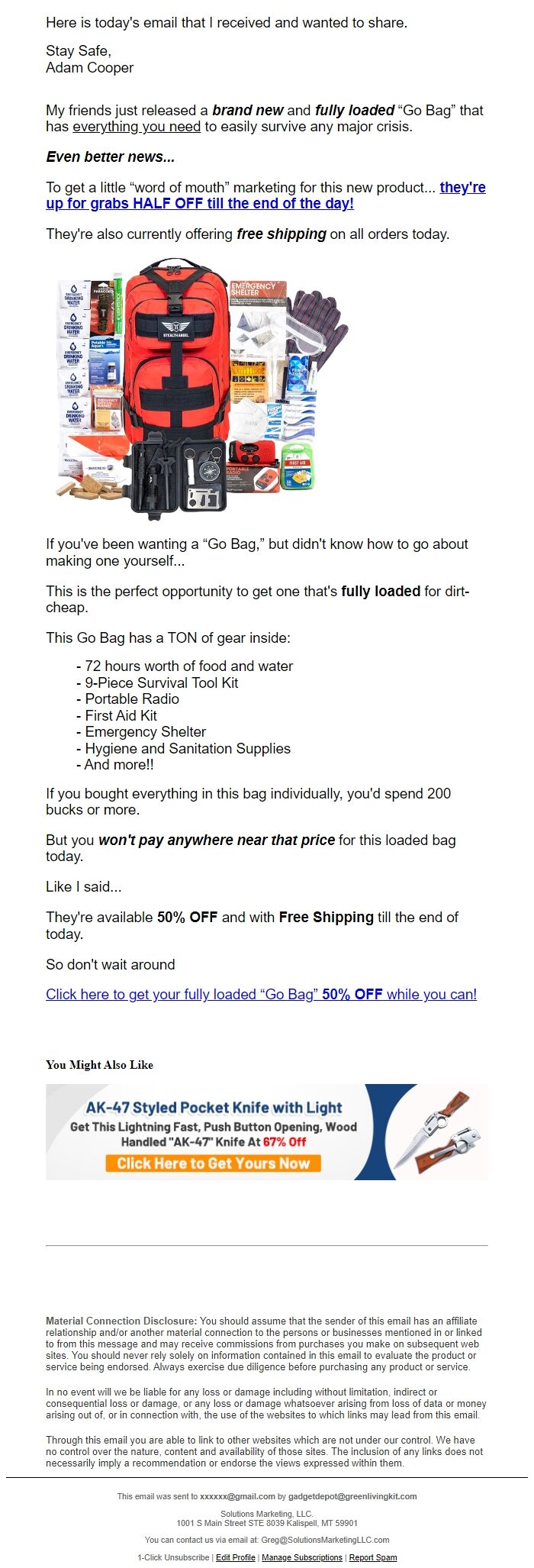Screenshot of the email generated on import