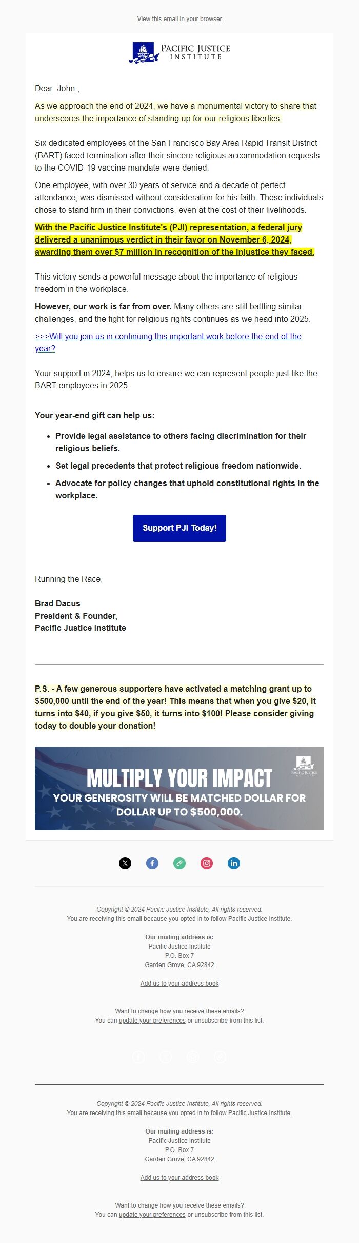 Screenshot of the email generated on import