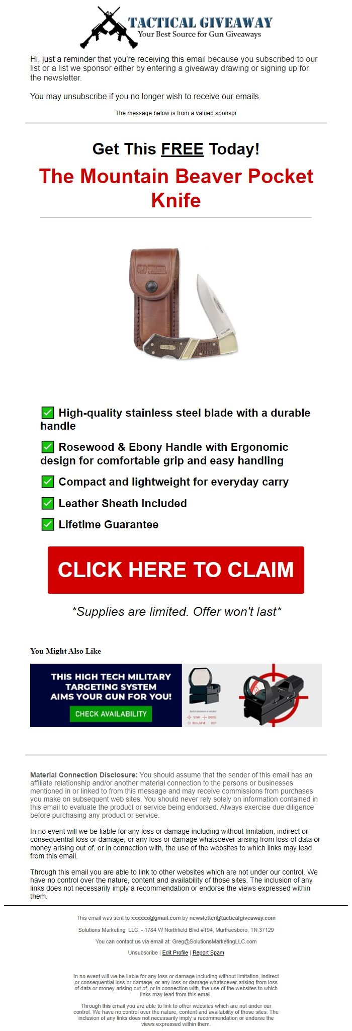 Screenshot of the email generated on import