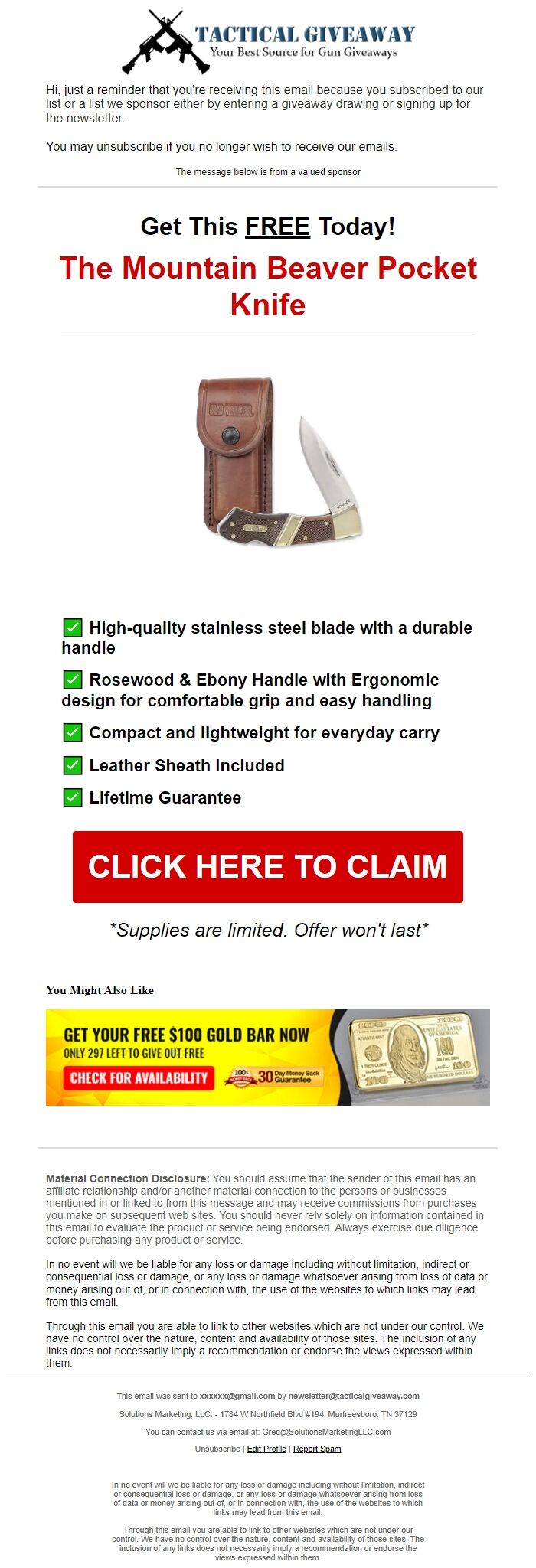 Screenshot of the email generated on import
