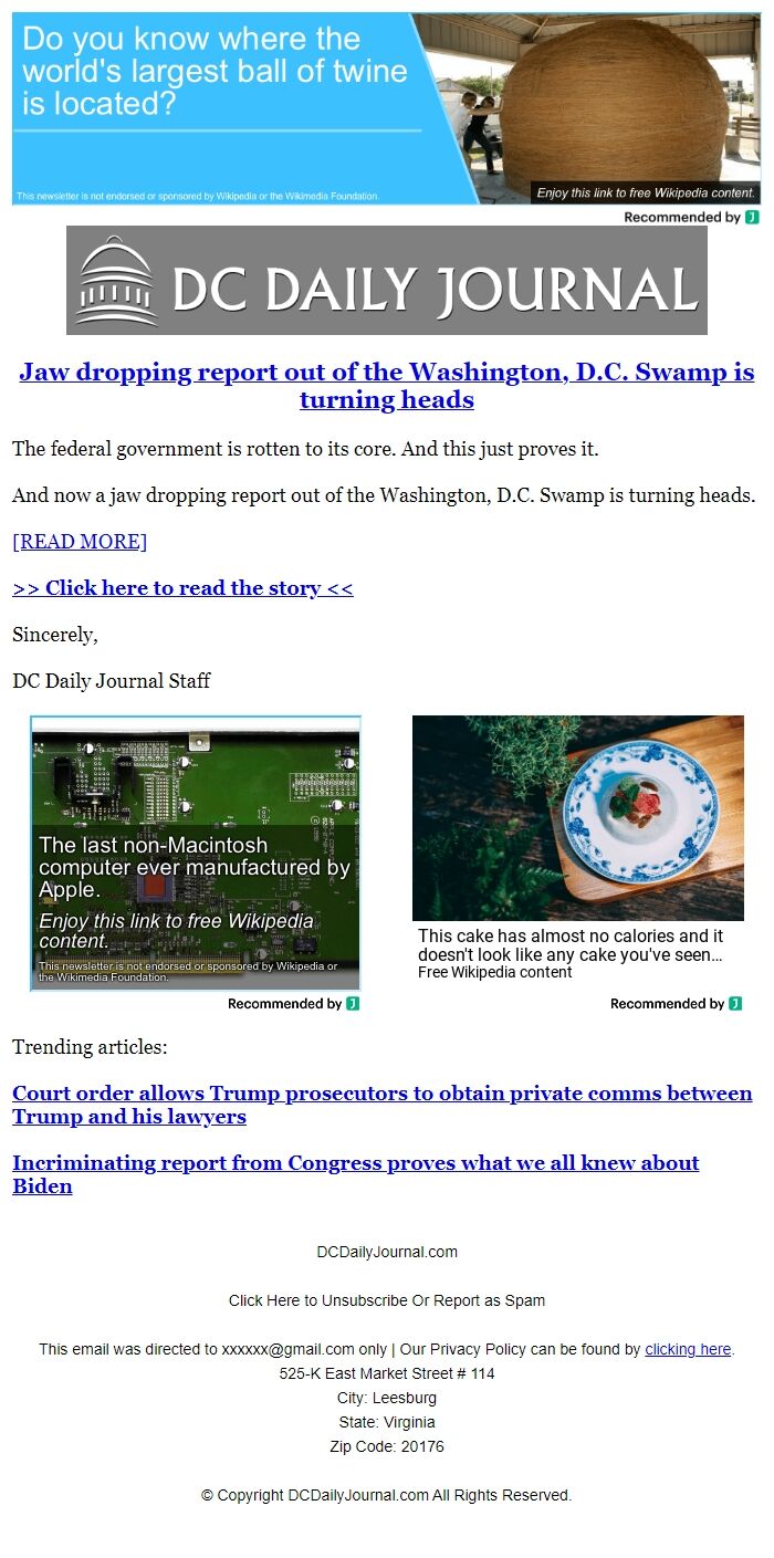 Screenshot of the email generated on import