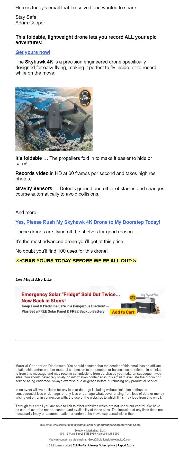 Screenshot of the email generated on import