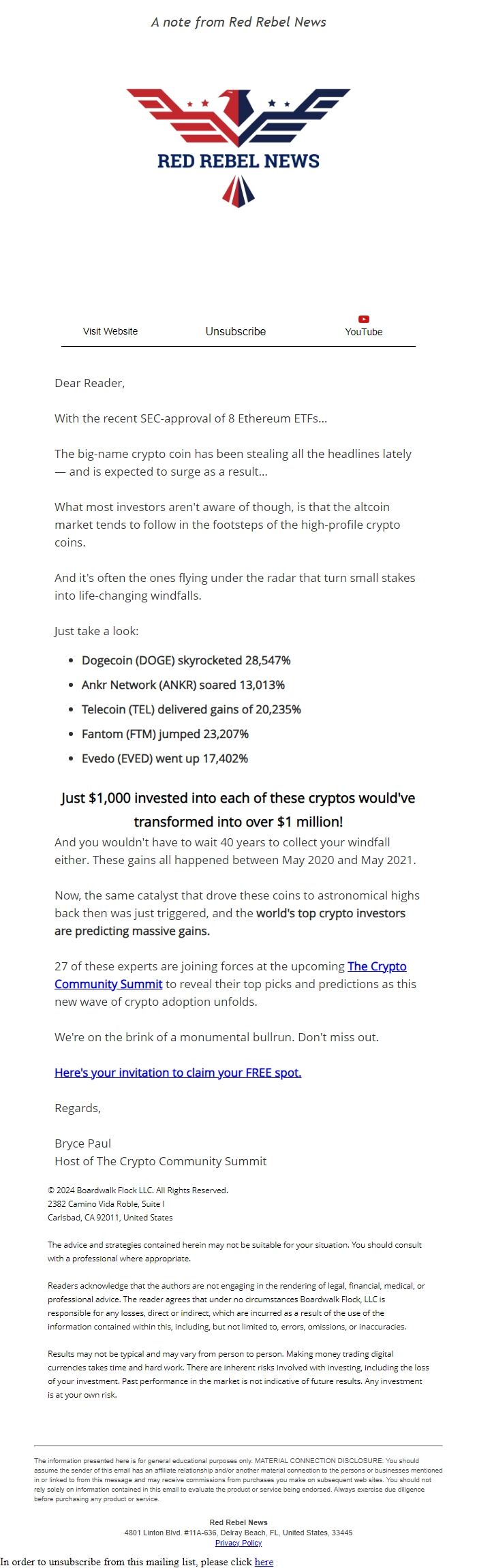 Screenshot of the email generated on import