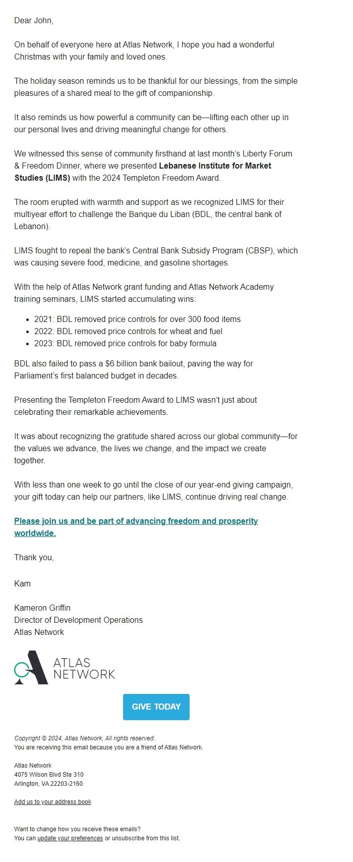 Screenshot of the email generated on import