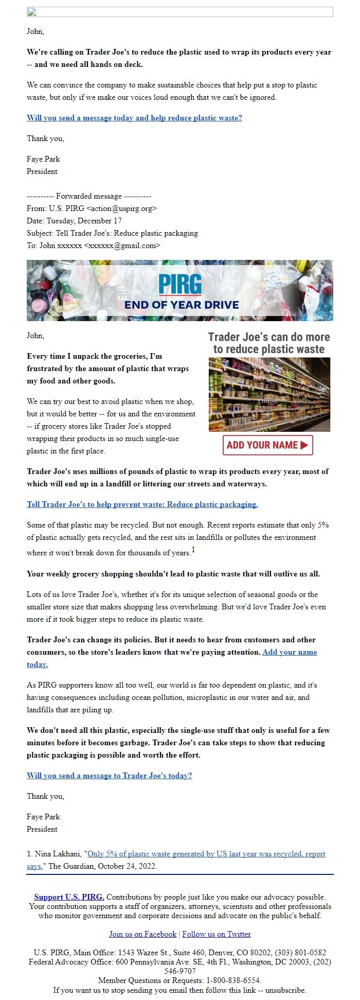 Screenshot of the email generated on import