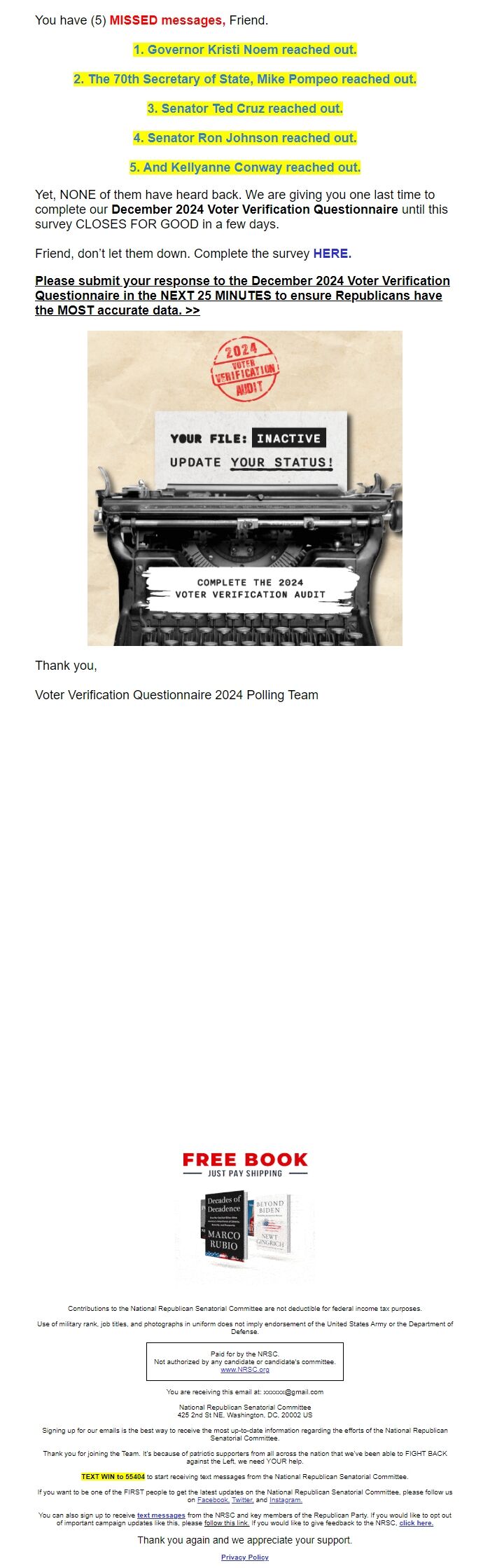 Screenshot of the email generated on import