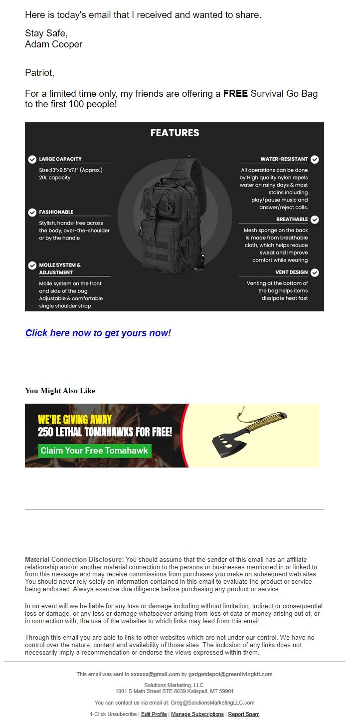 Screenshot of the email generated on import