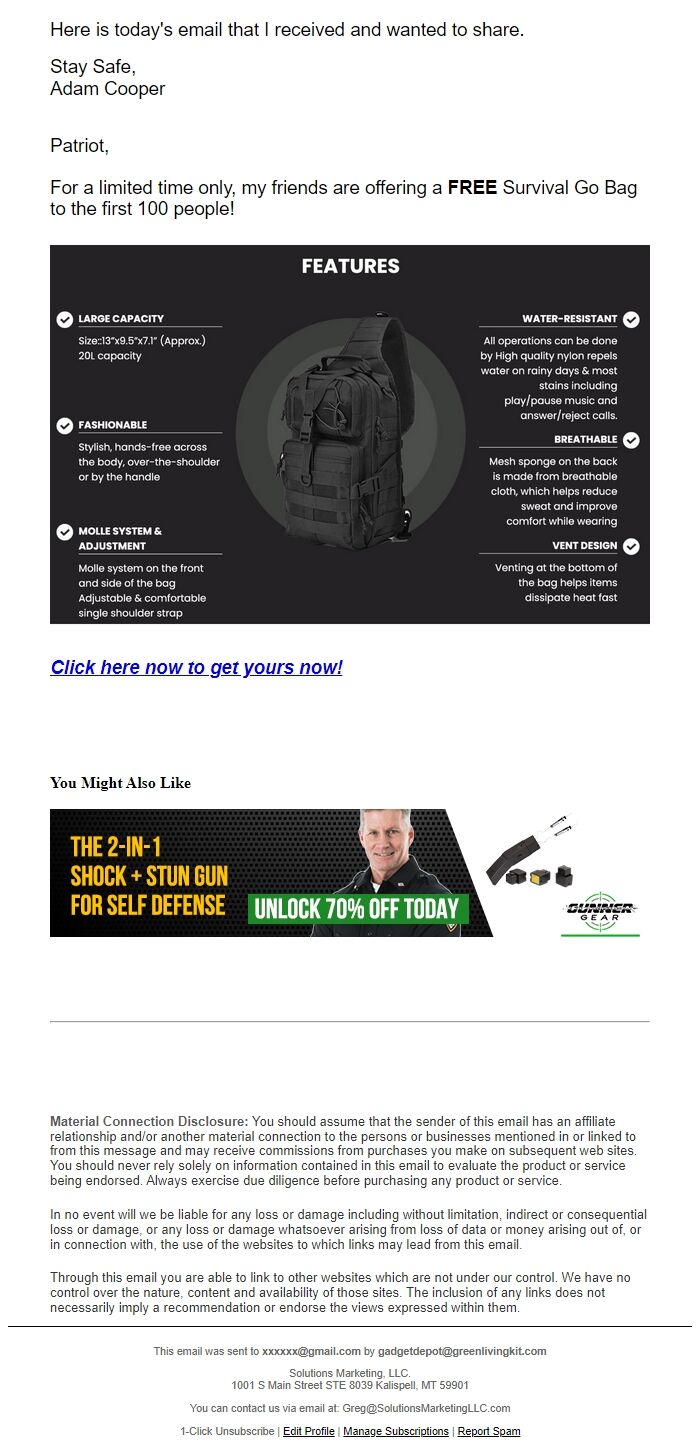 Screenshot of the email generated on import
