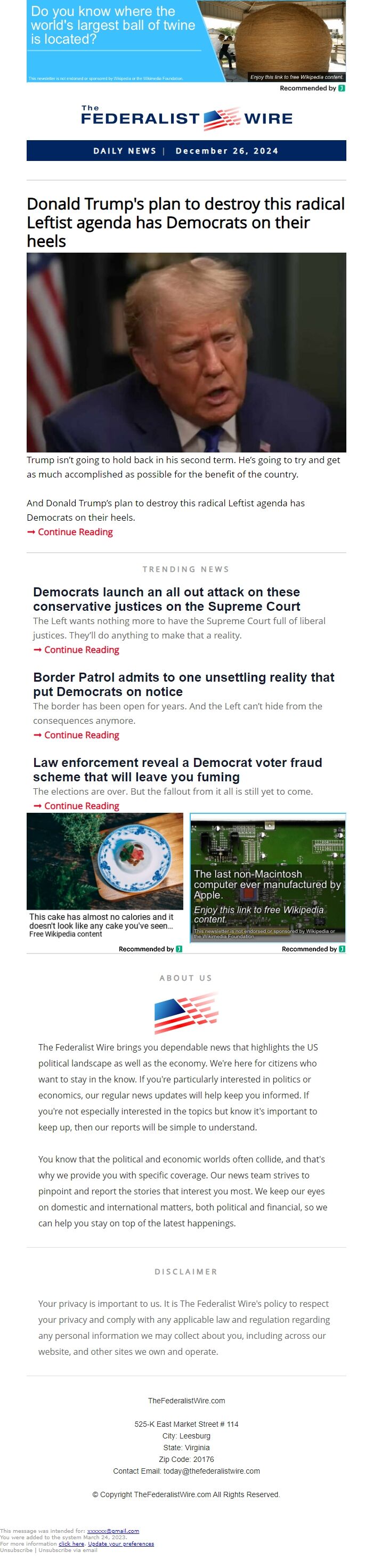 Screenshot of the email generated on import
