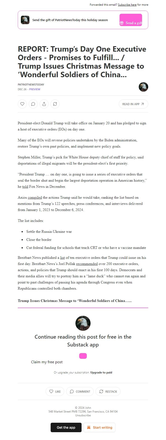 Screenshot of the email generated on import