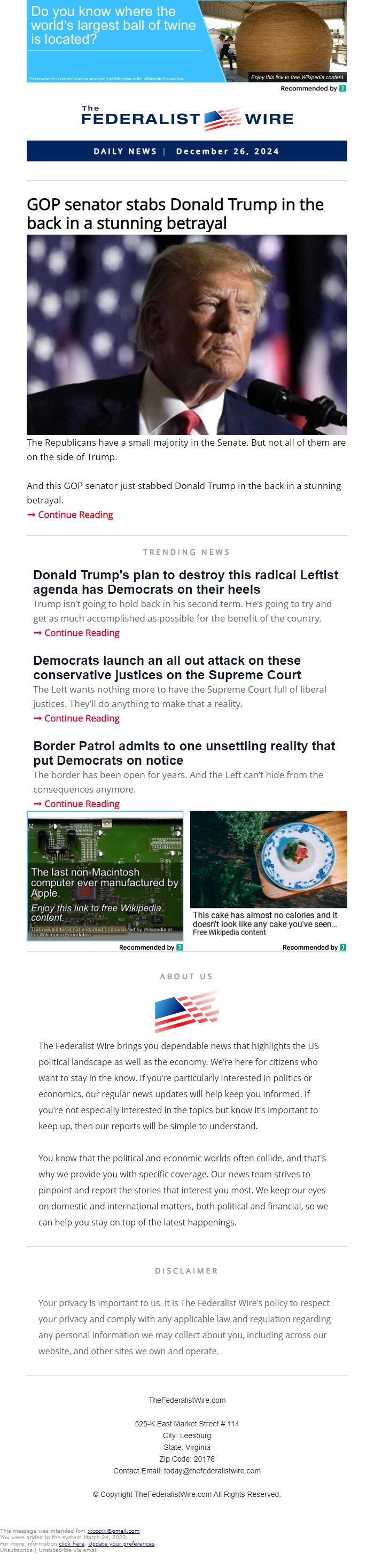 Screenshot of the email generated on import