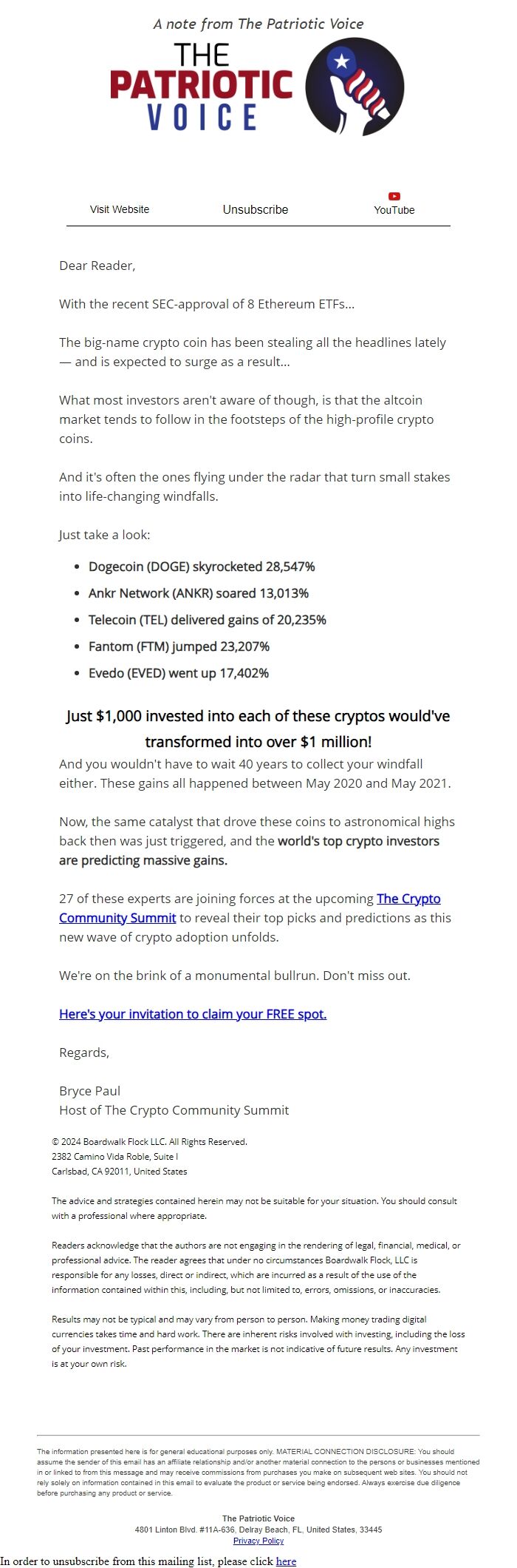 Screenshot of the email generated on import