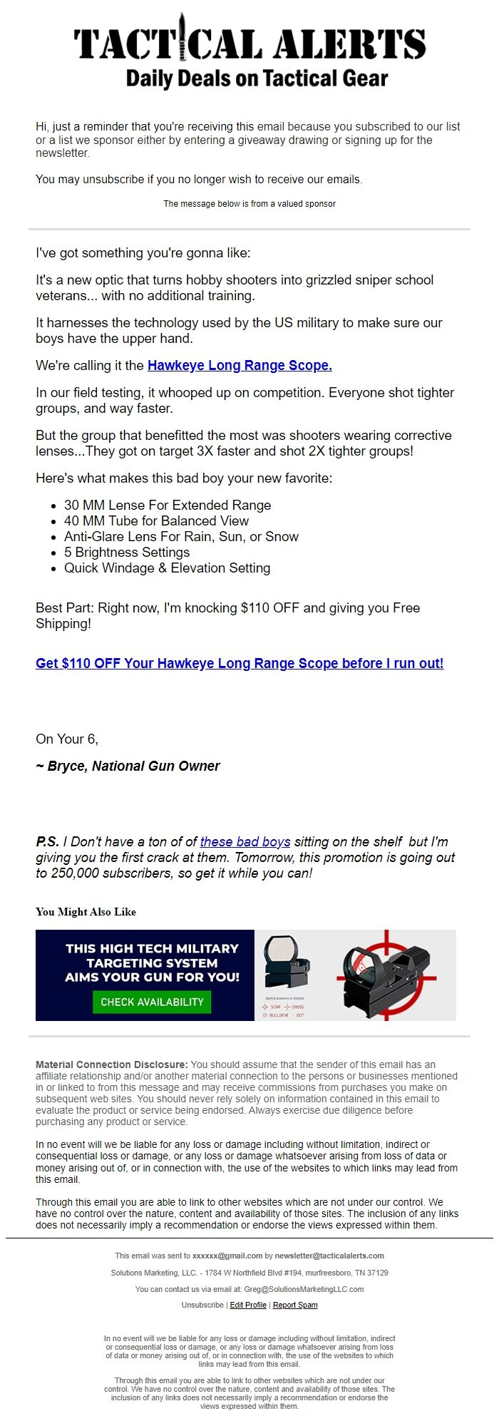 Screenshot of the email generated on import