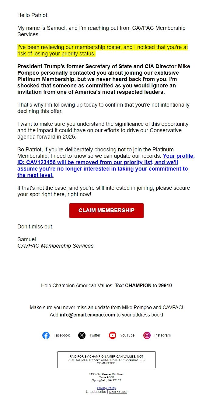 Screenshot of the email generated on import