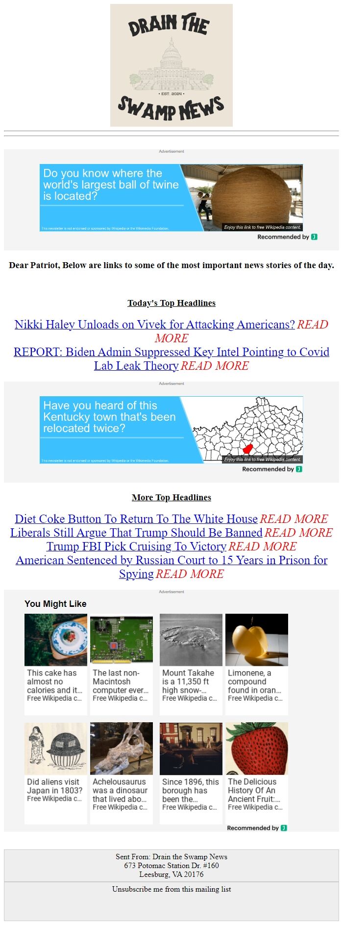 Screenshot of the email generated on import