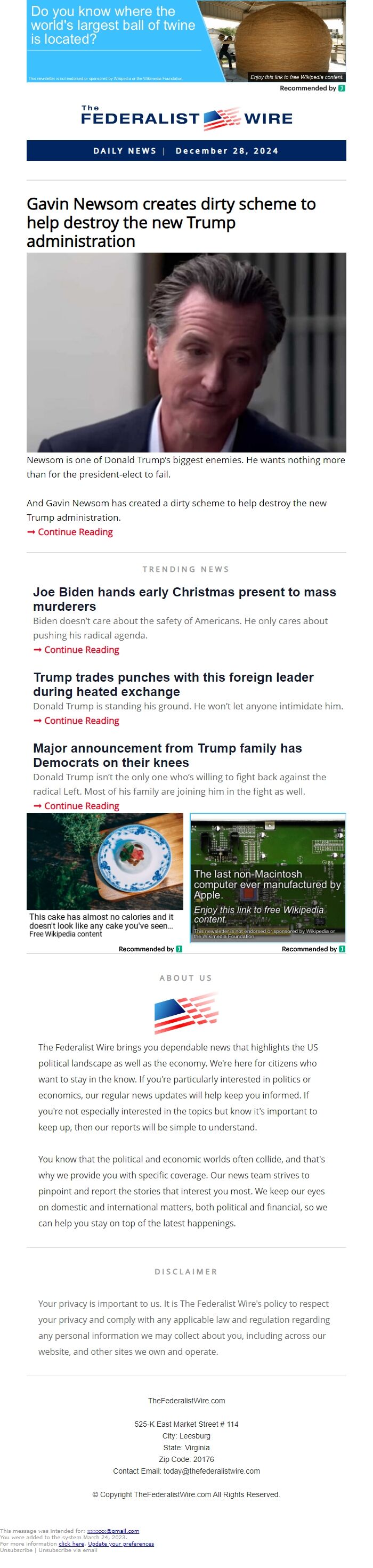 Screenshot of the email generated on import