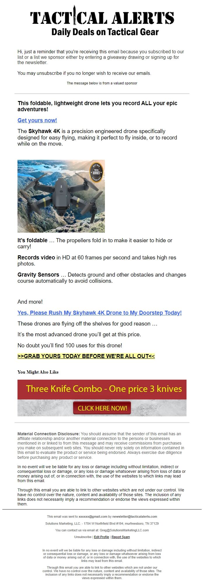 Screenshot of the email generated on import