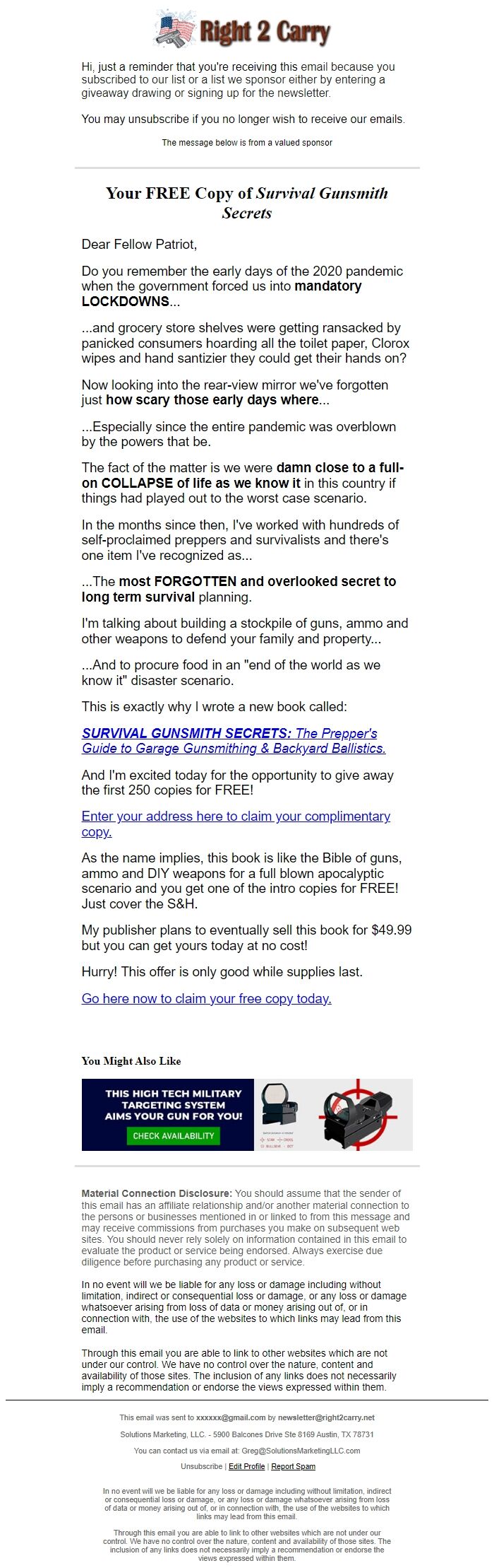 Screenshot of the email generated on import