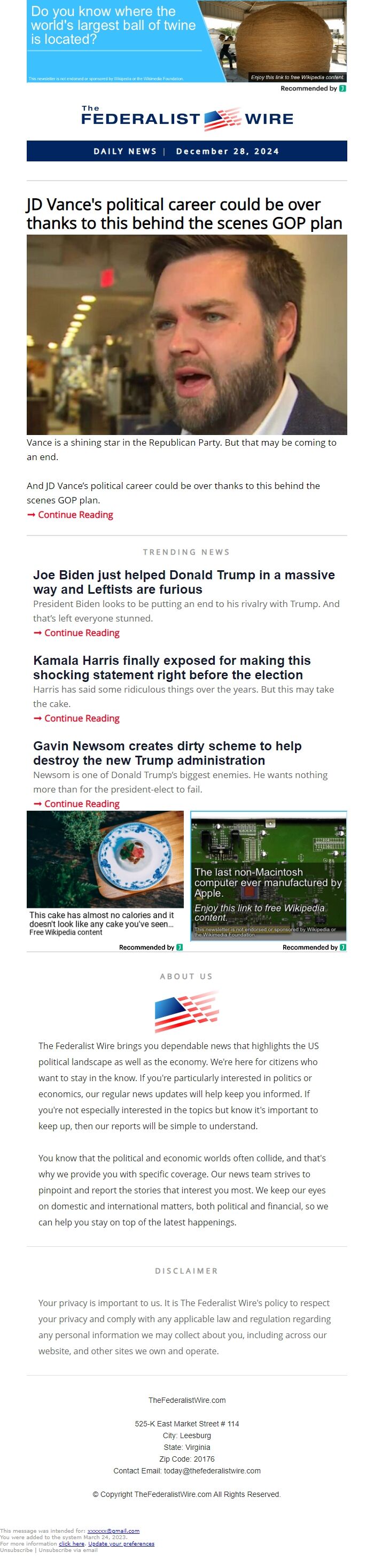 Screenshot of the email generated on import