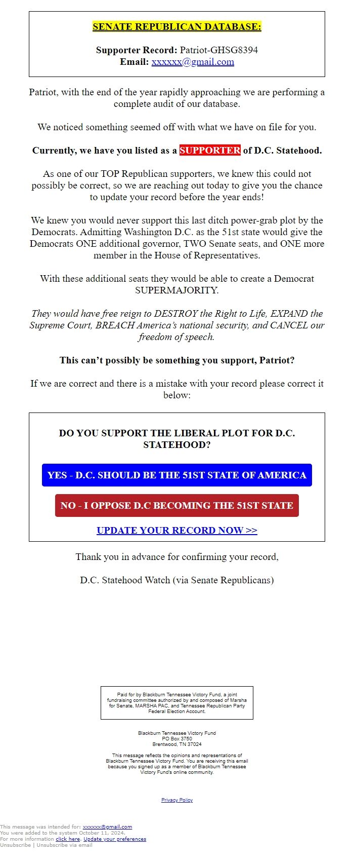 Screenshot of the email generated on import