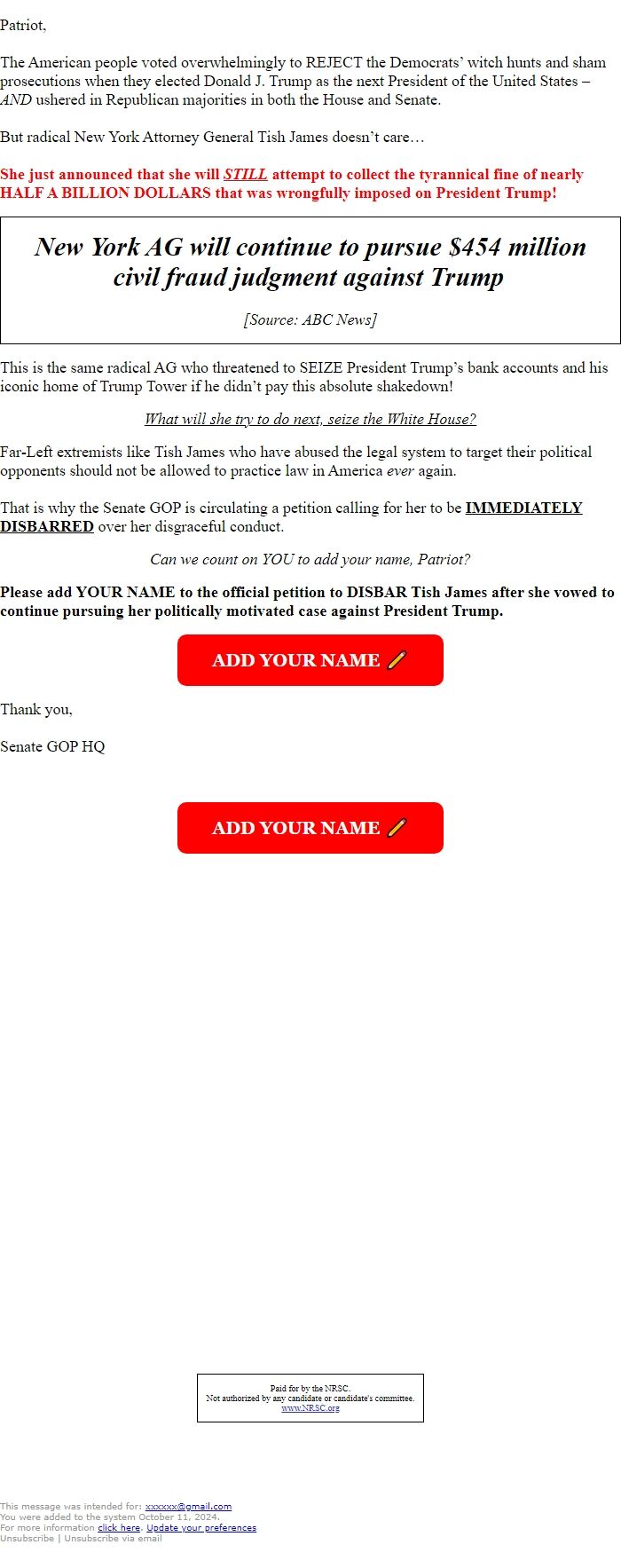 Screenshot of the email generated on import