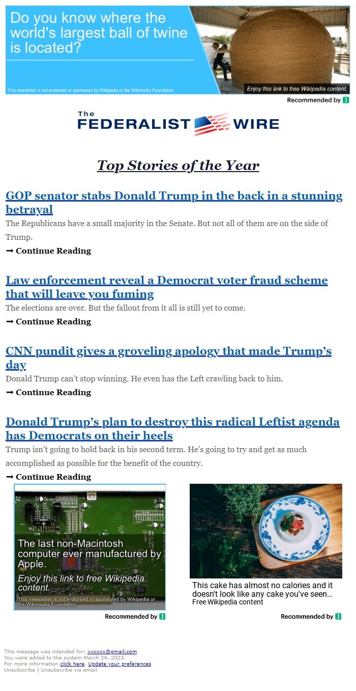 Screenshot of the email generated on import