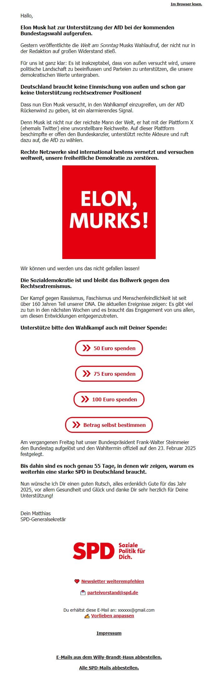 Screenshot of the email generated on import
