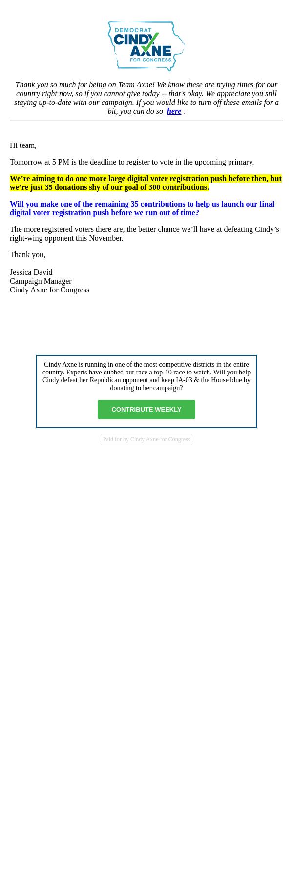 Screenshot of the email generated on import