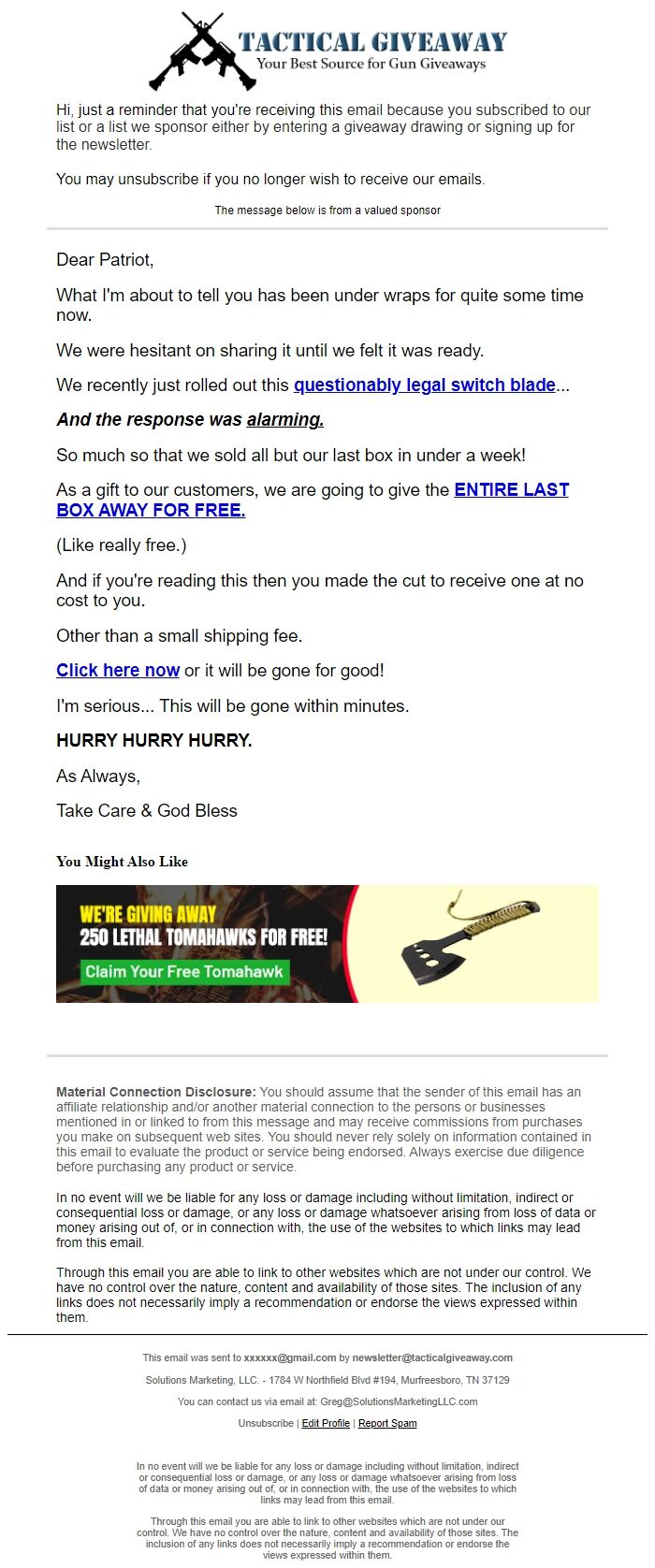 Screenshot of the email generated on import