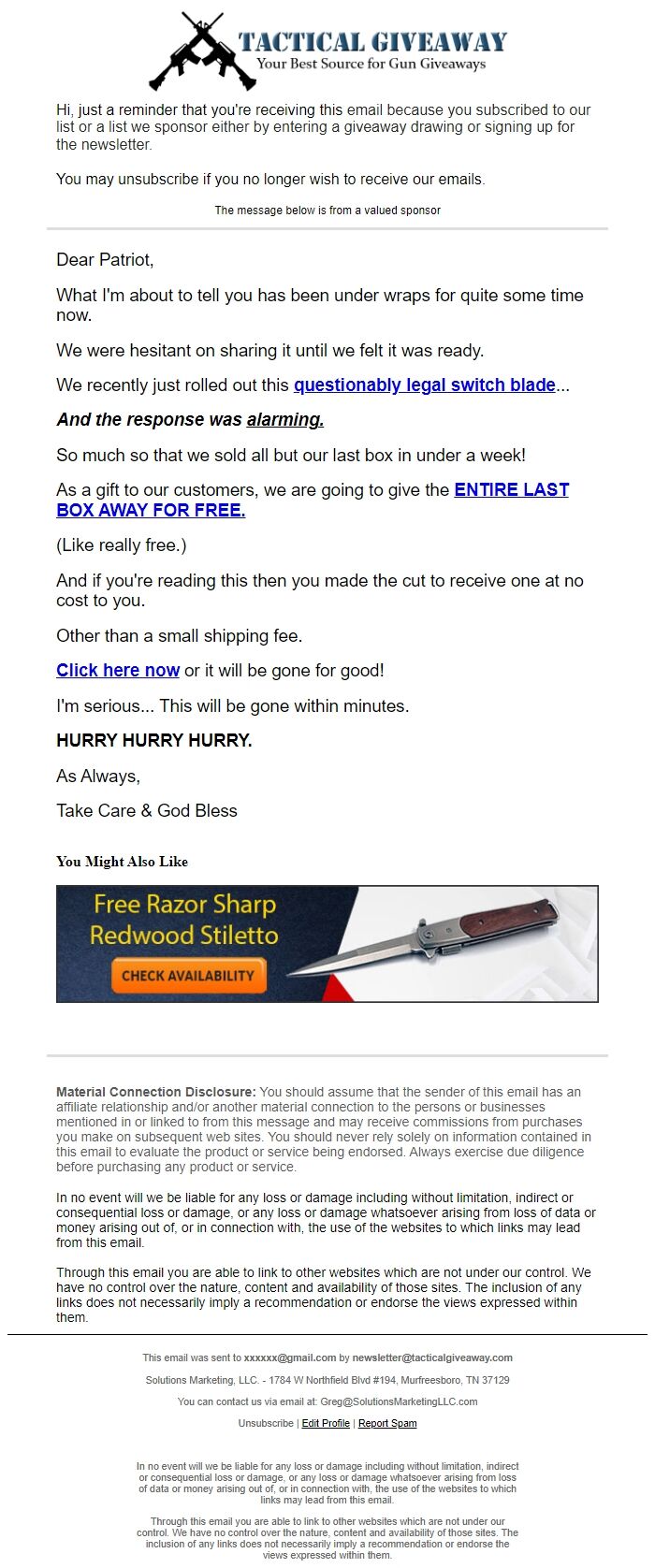 Screenshot of the email generated on import