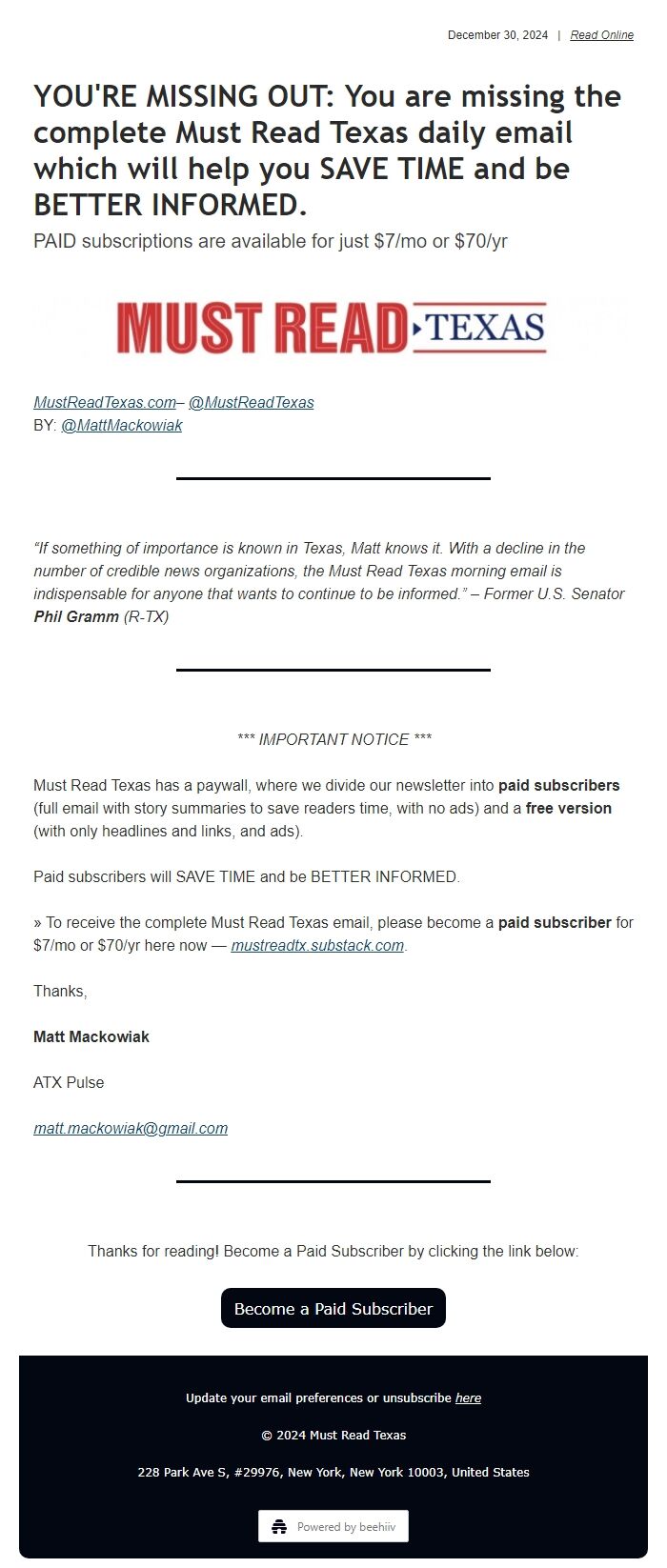 Screenshot of the email generated on import