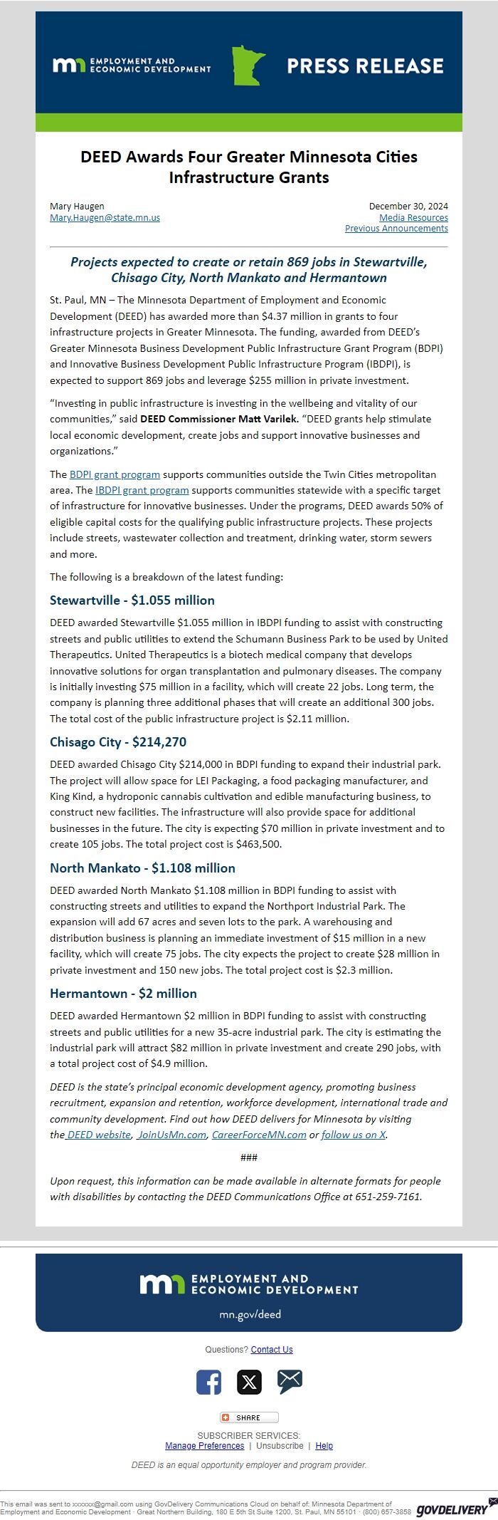 Screenshot of the email generated on import