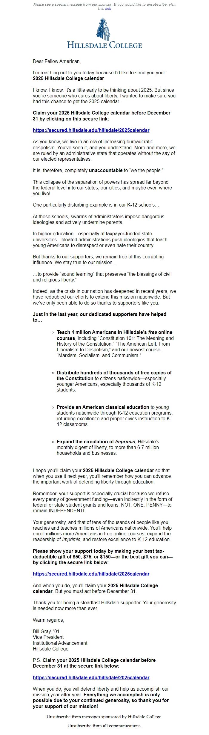 Screenshot of the email generated on import