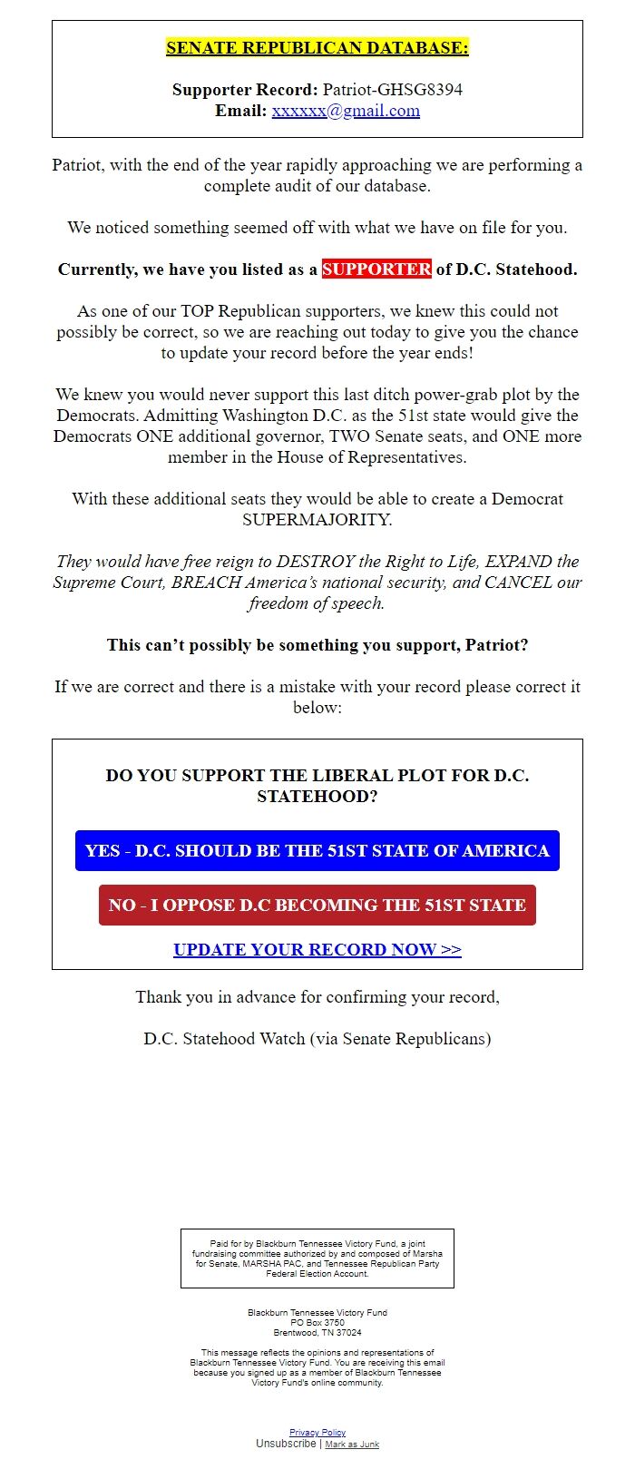 Screenshot of the email generated on import
