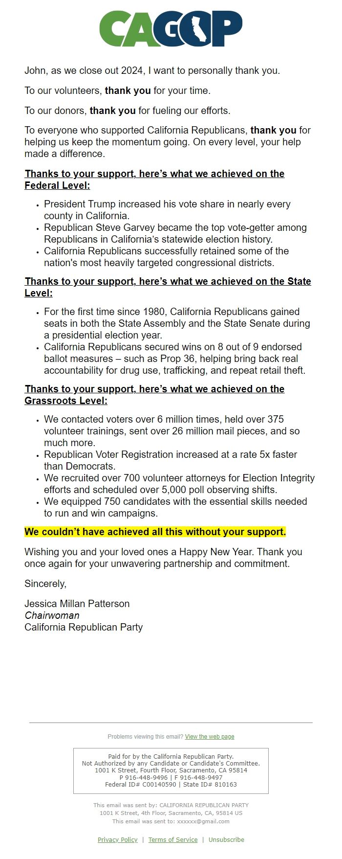 Screenshot of the email generated on import