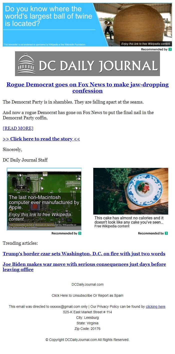Screenshot of the email generated on import