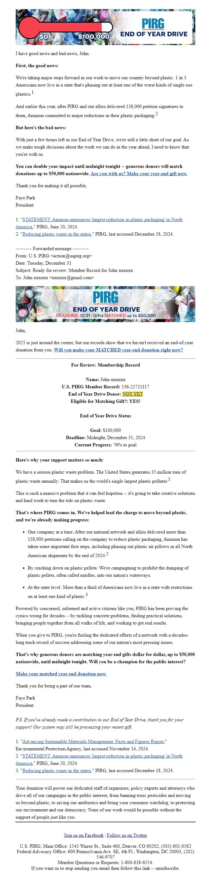 Screenshot of the email generated on import