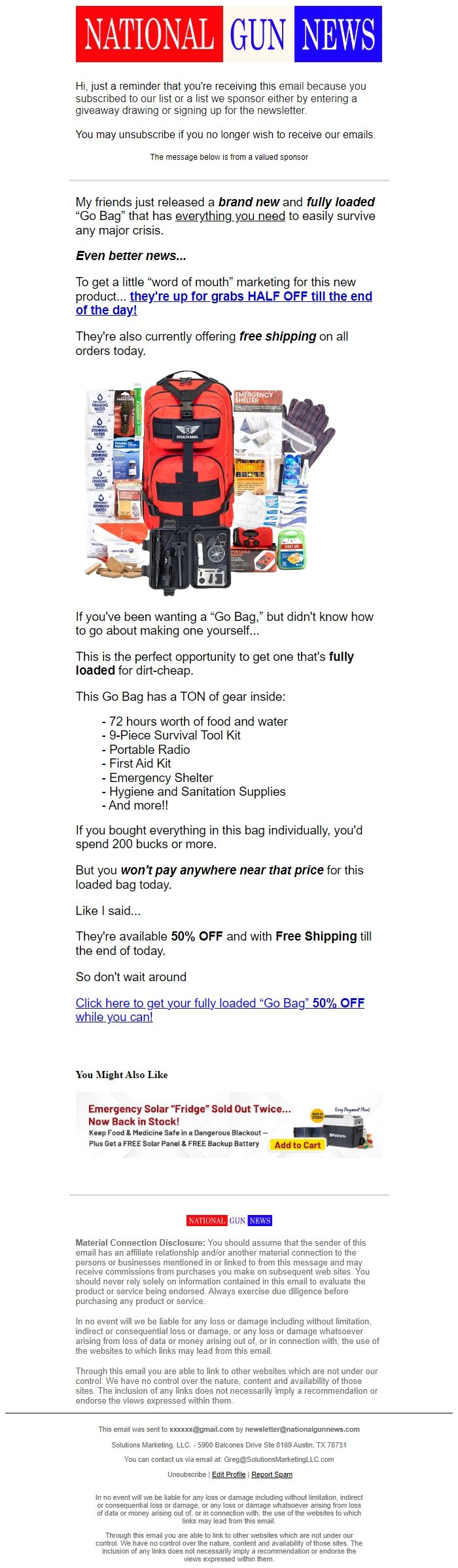 Screenshot of the email generated on import