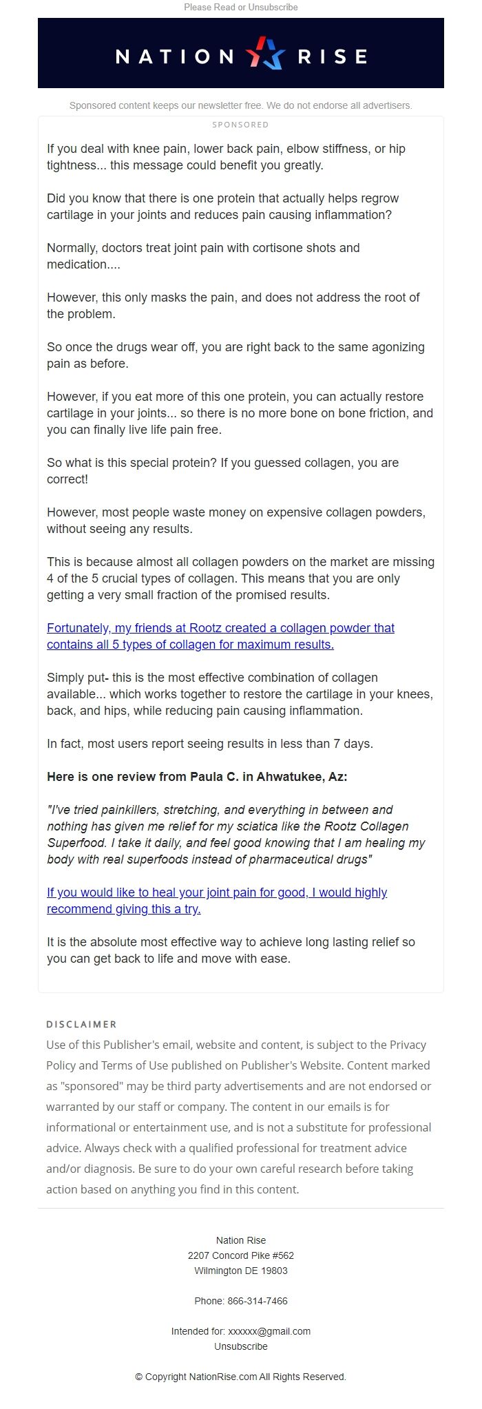 Screenshot of the email generated on import