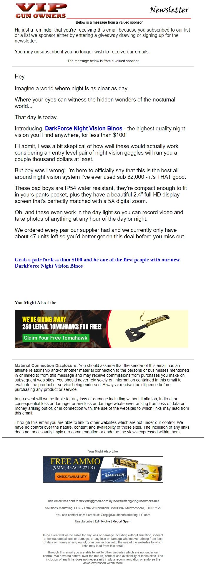 Screenshot of the email generated on import