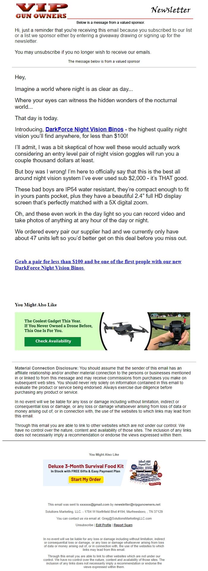 Screenshot of the email generated on import